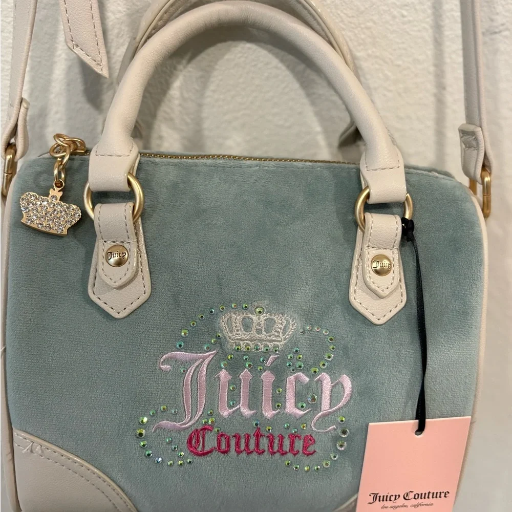 Juicy Couture Heritage Speedy Satchel Sage Velour Rhinestone Bag NWT‎